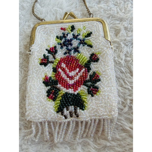 Vintage Floral Hand Beaded Fringe Chain Strap Tiny Seed Evening Purse Flapper - Picture 9 of 16